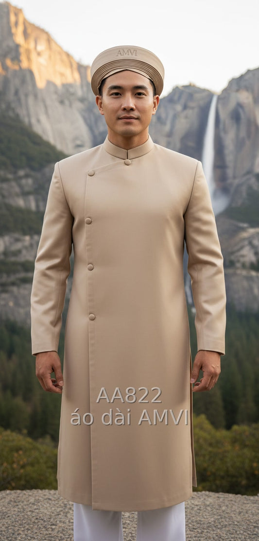Áo dài màu be trơn tối giản, phong cách Việt tại Yosemite, mã AA822
