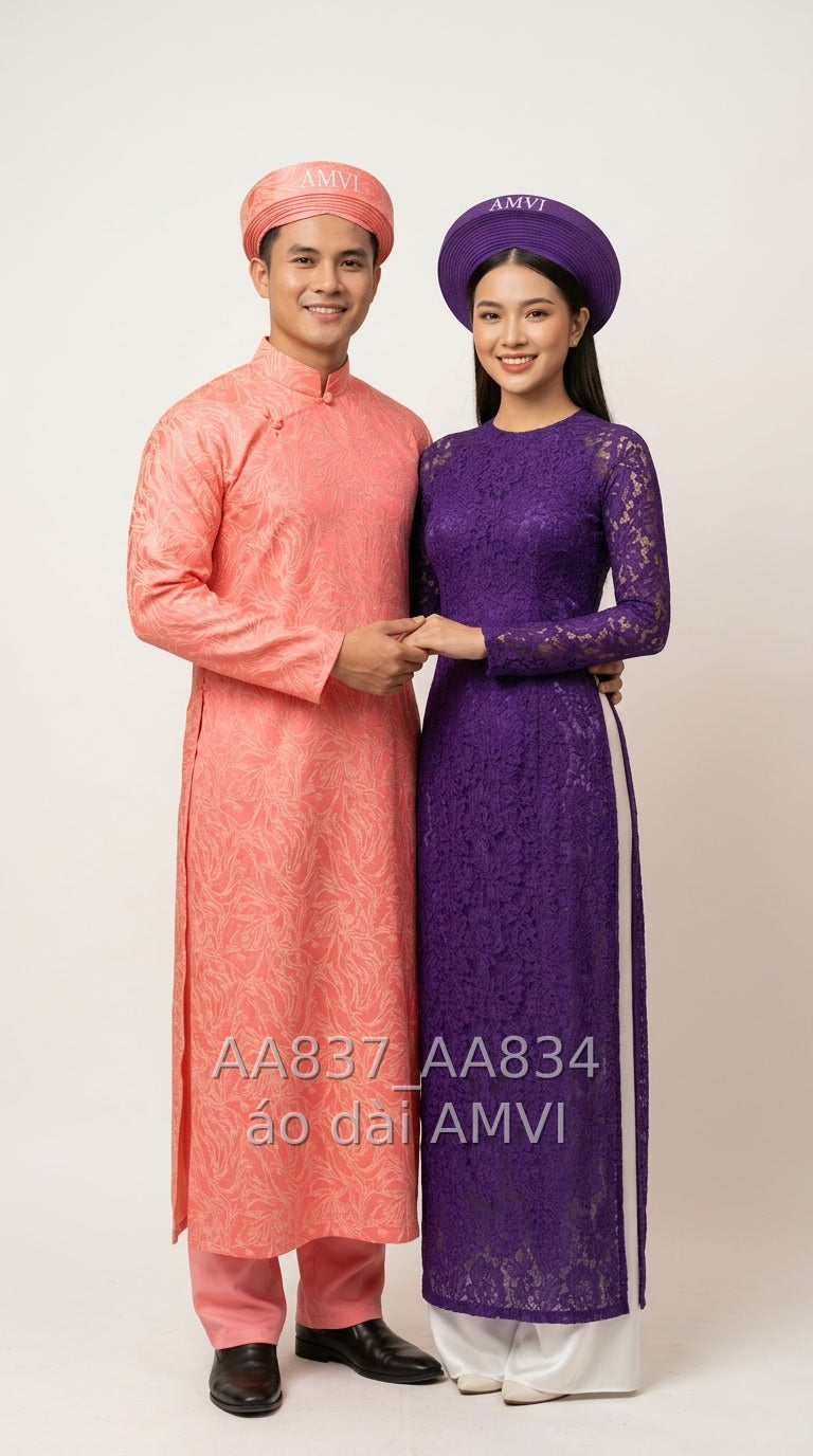 Áo dài dạ hội ren hoa tím lộng lẫy tại The Met New York, ảnh chụp cặp đôi, mã AA837