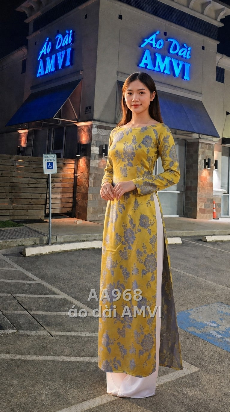 Áo dài gấm lụa xanh dệt nổi bướm hoa sang trọng dự tiệc, mã AA968