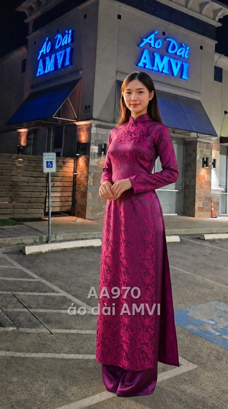 Áo dài gấm tím họa tiết hoa bướm dệt sang trọng dự tiệc, mã AA970