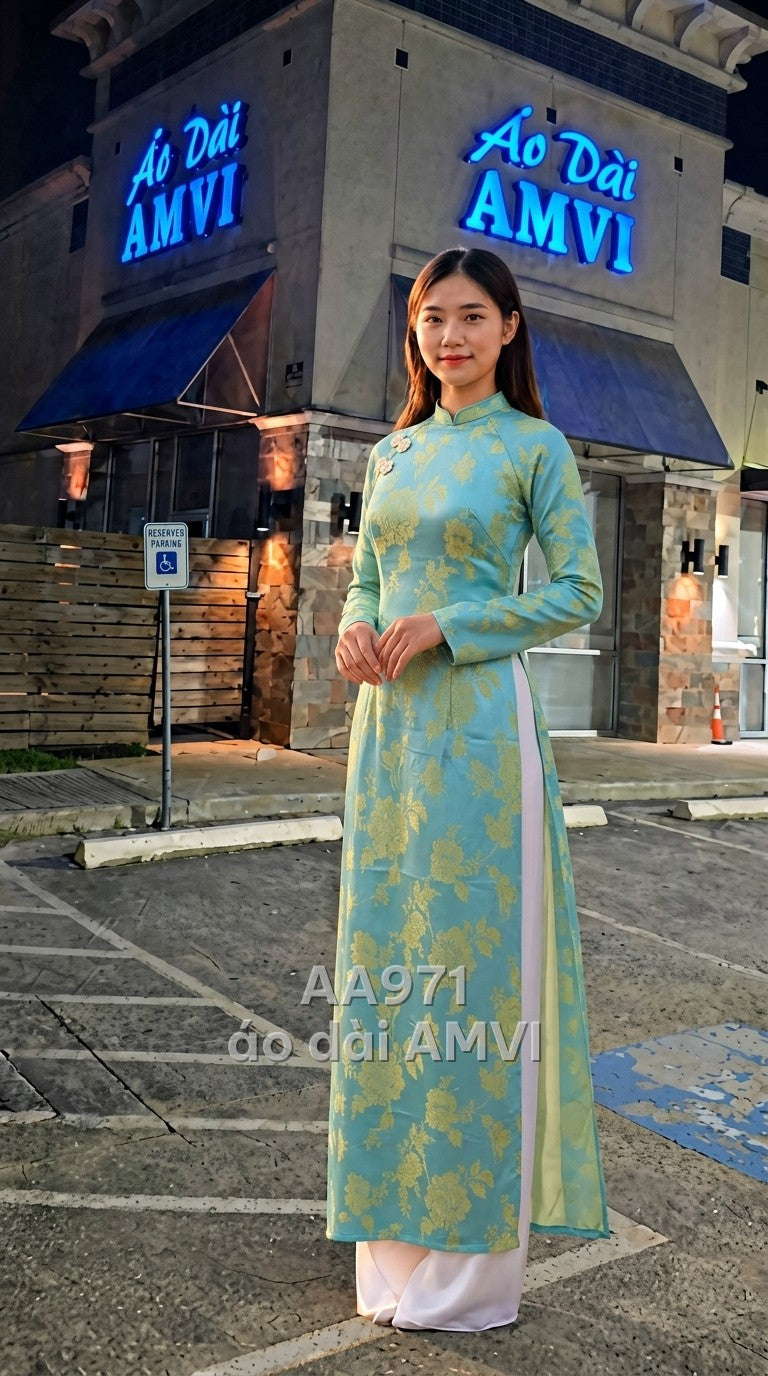 Áo dài lụa gấm xanh họa tiết hoa kim cổ tròn cách tân, mã AA971