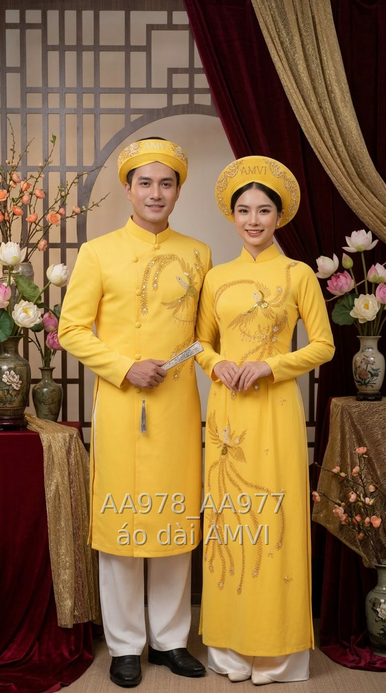 Áo dài cưới màu vàng, ảnh chụp cặp đôi, mã AA977