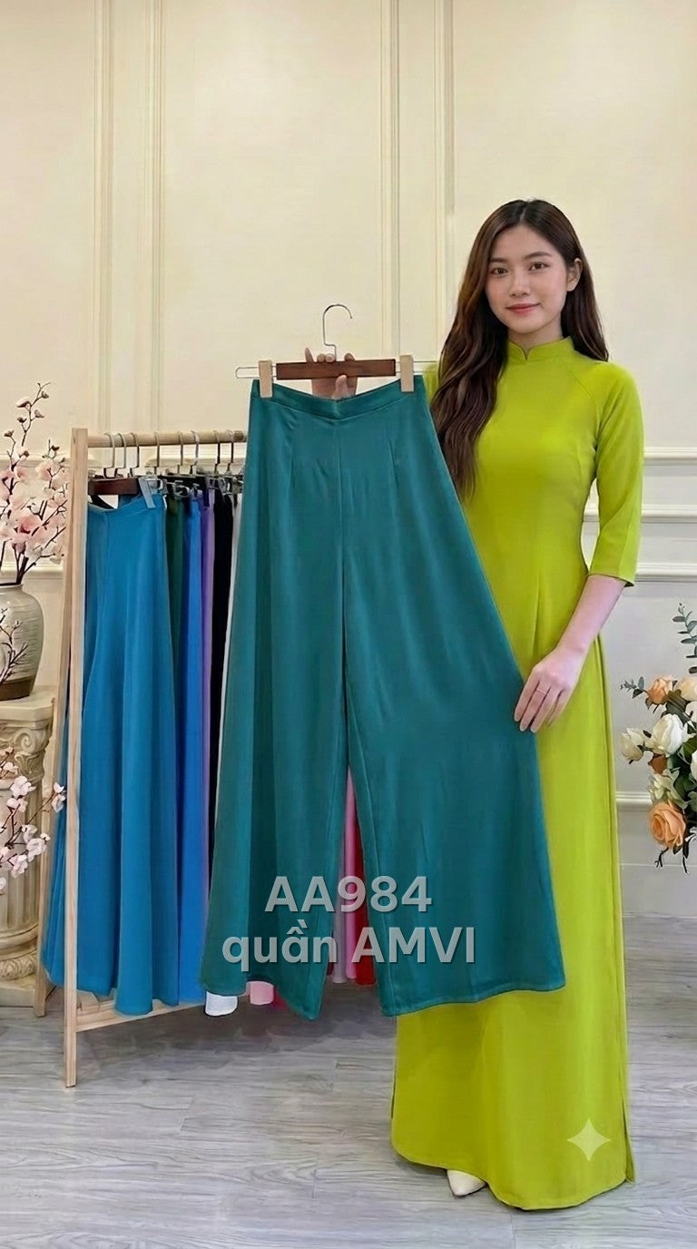 Quần lụa mặc với áo dài crepe mềm mại xanh trơn vải cao cấp, mã AA984