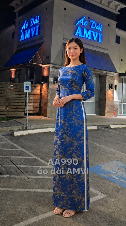 Áo dài gấm xanh cô ban thêu hoa vàng cổ thuyền sang trọng, mã AA990