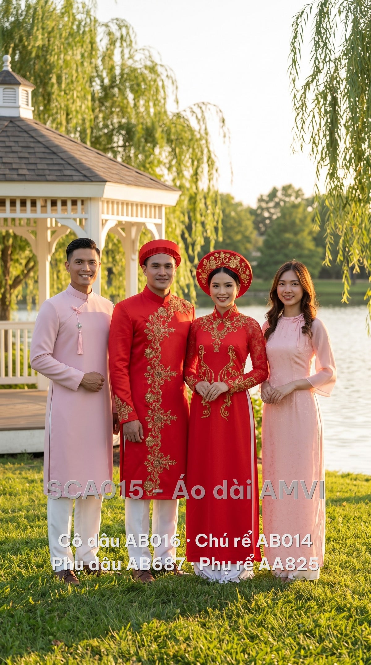Trọn bộ áo dài cưới cô dâu, chú rể, phụ dâu, phụ rể — chú rể mặc mã AB014