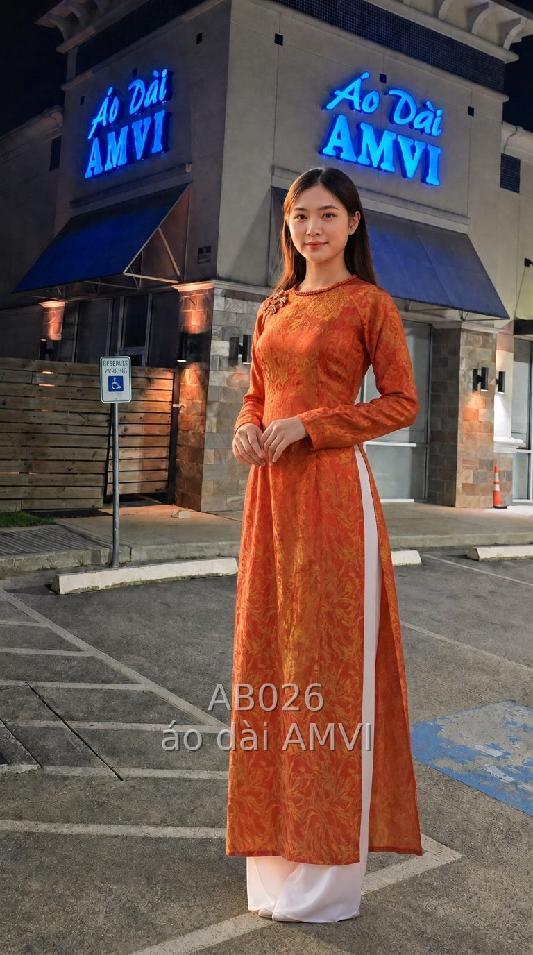 Áo dài dạ hội cam thêu hoa văn, thanh lịch new york, mã AB026