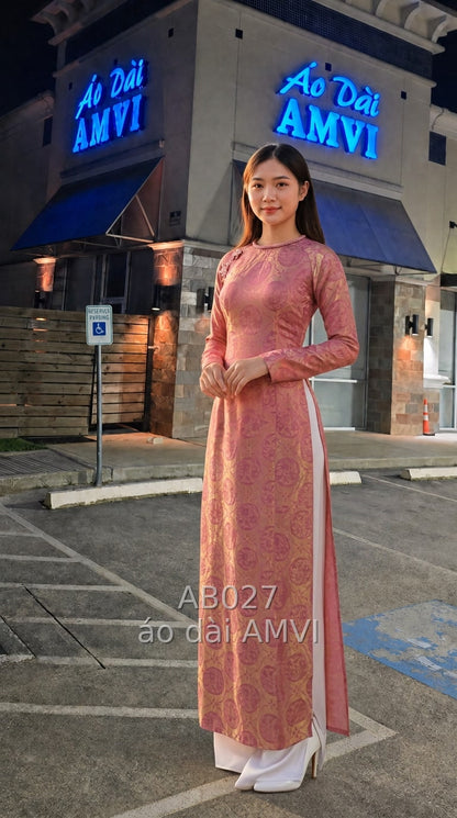 Áo dài gấm hồng hoa văn vàng kim đính đá, vẻ đẹp truyền thống Việt, mã AB027