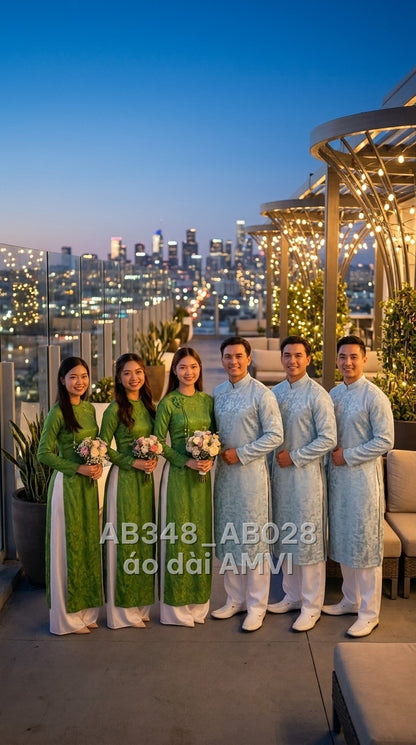 Áo dài truyền thống xanh lá họa tiết chìm, vẻ đẹp Việt tại Washington D.C., ảnh chụp cặp đôi, mã AB028