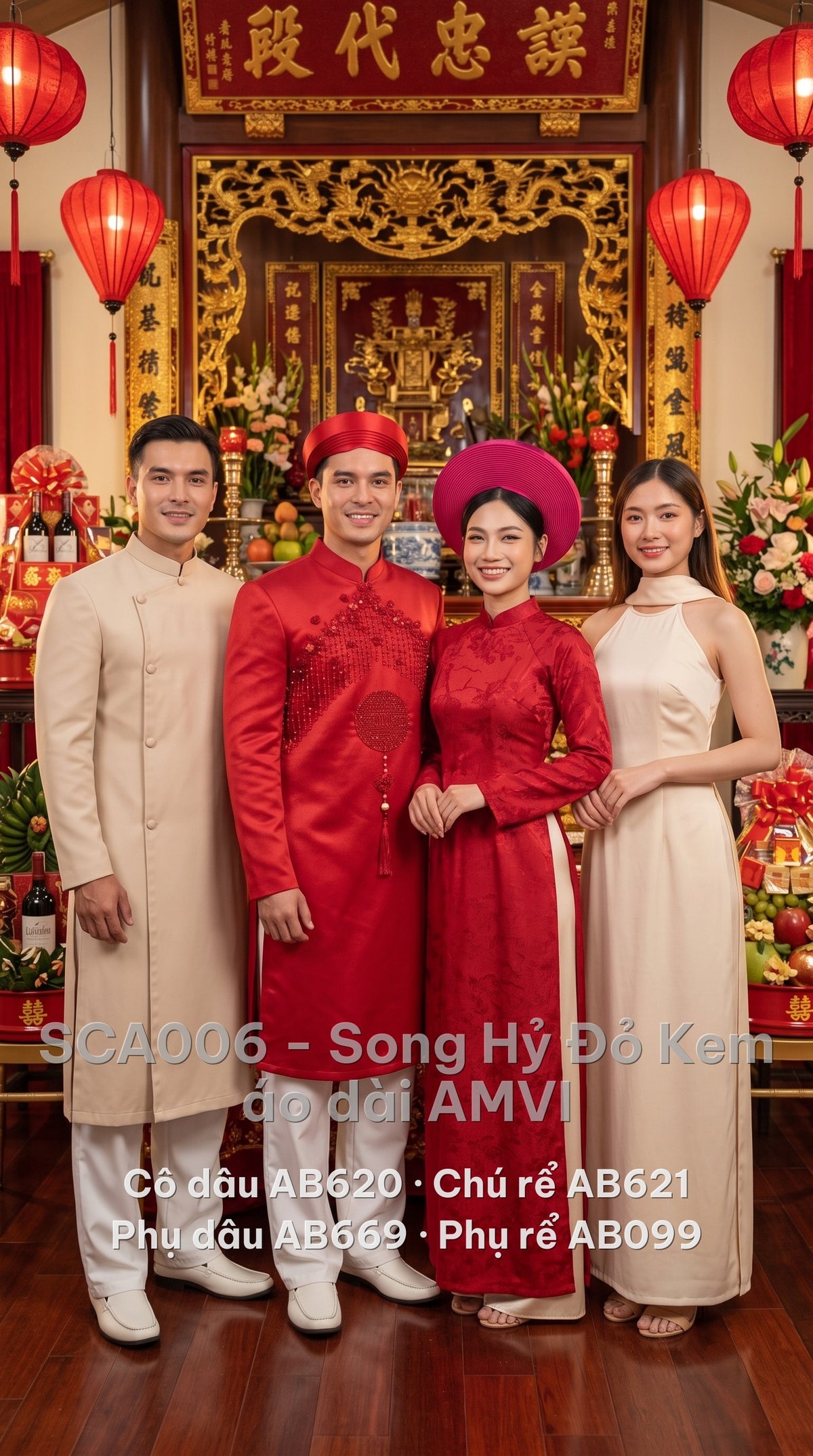 Trọn bộ áo dài cưới cô dâu, chú rể, phụ dâu, phụ rể — phụ rể mặc mã AB099