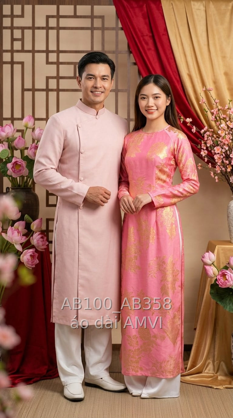 Áo dài nam lụa hồng cổ điển cúc bọc cho chú rể, ảnh chụp cặp đôi, mã AB100