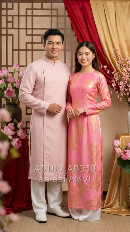 Áo dài nam lụa hồng cổ điển cúc bọc cho chú rể, ảnh chụp cặp đôi, mã AB100