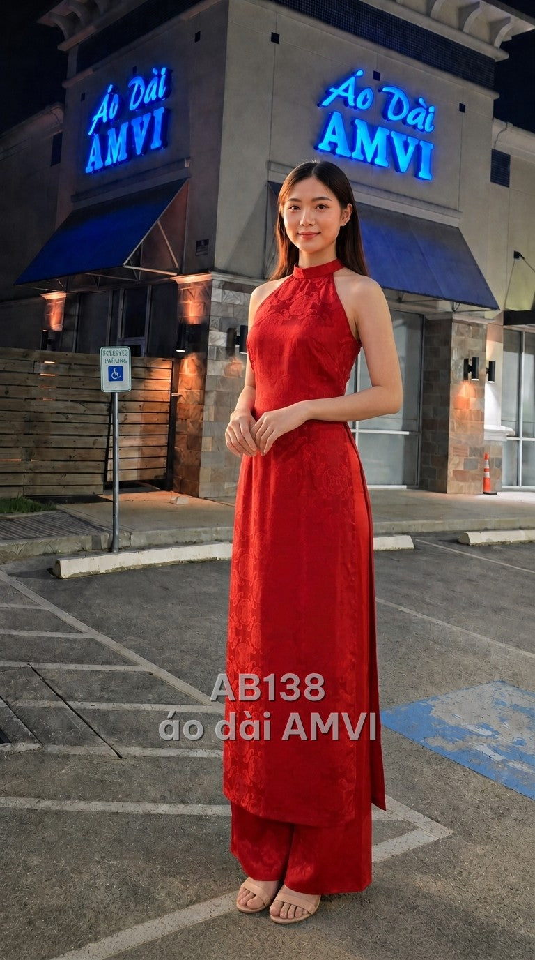 Áo dài gấm đỏ Song Hỷ cổ yếm không tay sang trọng, mã AB138