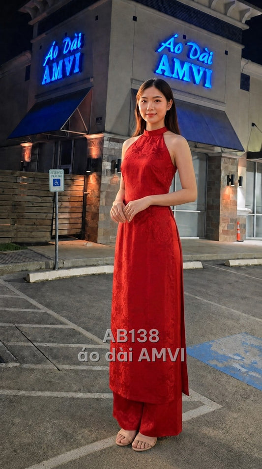 Áo dài gấm đỏ Song Hỷ cổ yếm không tay sang trọng, mã AB138