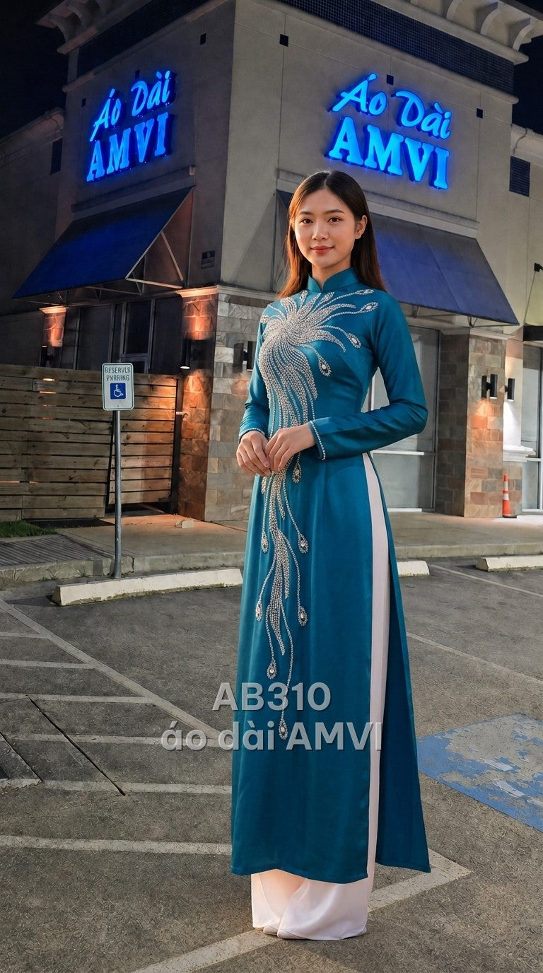 Áo dài bà sui lụa xanh thêu đá lông công cổ tàu cao cấp dự tiệc, mã AB310