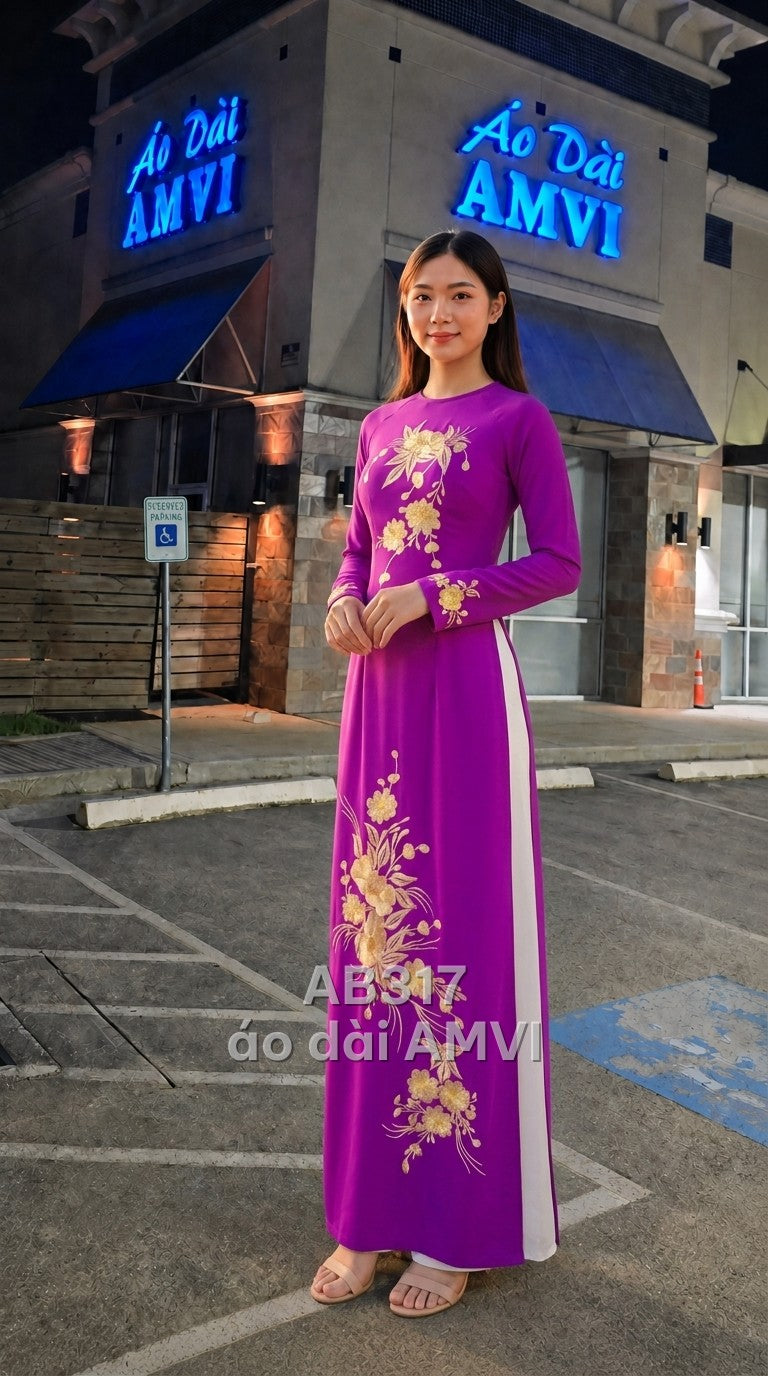 Áo dài lụa tím thêu hoa văn truyền thống dáng chích ben, mã AB317