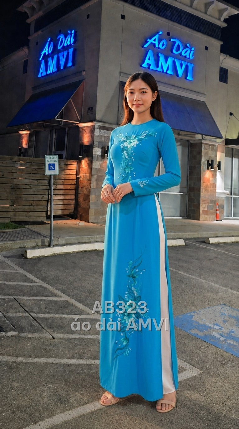 Áo dài lụa xanh dương thêu hoa thanh lịch cổ tròn, mã AB323
