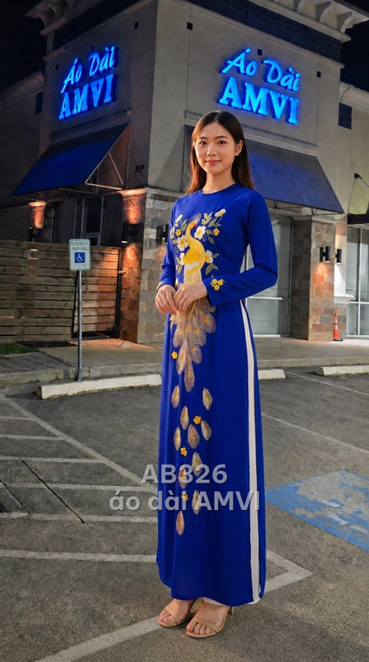 Áo dài lụa xanh cô ban thêu chim công hoa lá sang trọng dự tiệc, mã AB326