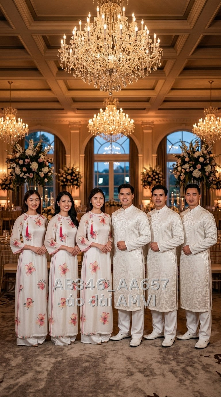Áo dài lụa voan kem thêu hoa đa sắc thanh lịch dự tiệc, ảnh chụp cặp đôi, mã AA657