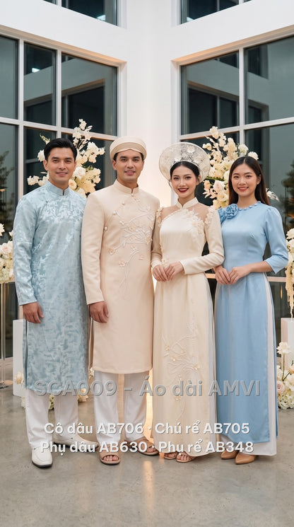 Trọn bộ áo dài cưới cô dâu, chú rể, phụ dâu, phụ rể — phụ rể mặc mã AB348