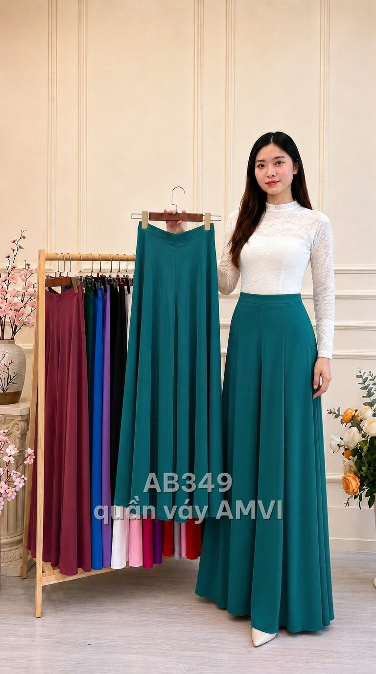 Quần váy mặc với áo dài lụa xanh dáng suông thanh lịch đổ bay, mã AB349