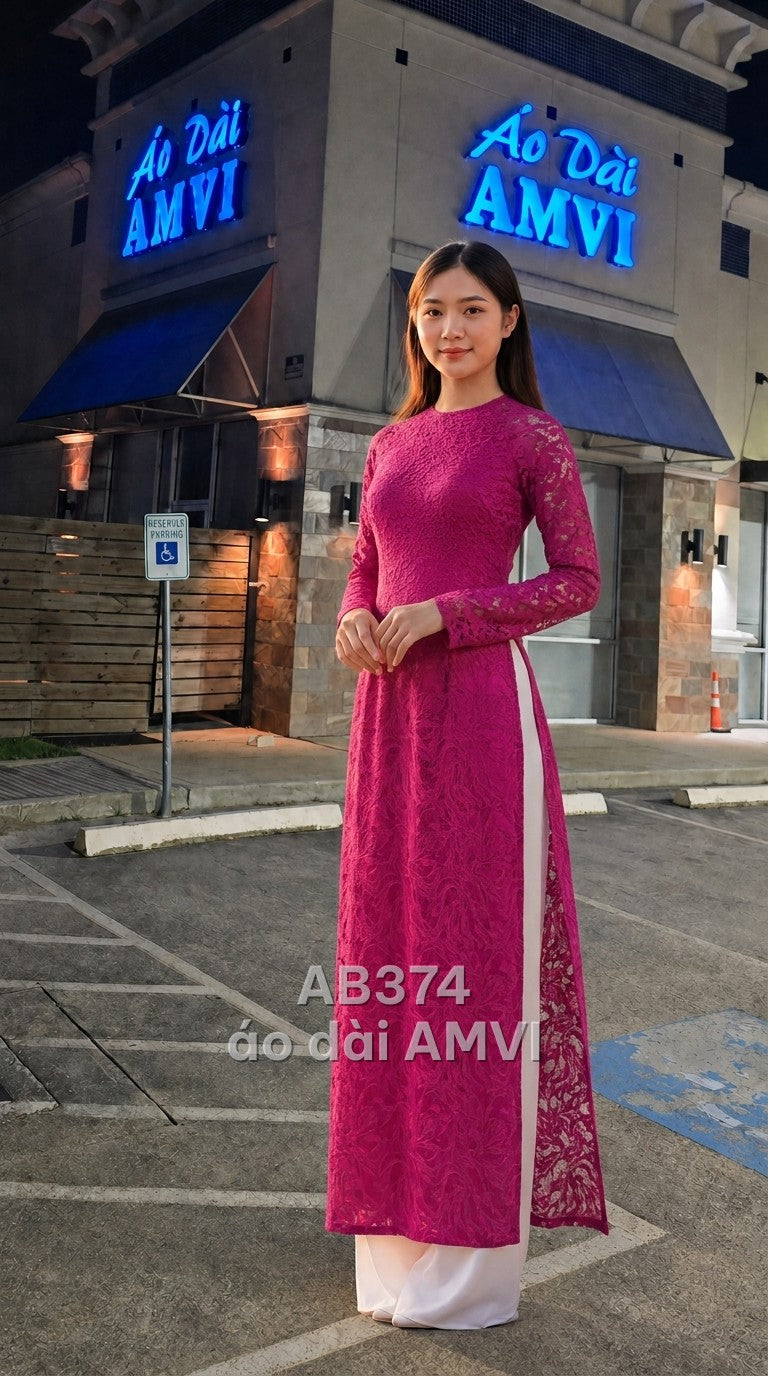 Áo dài ren hồng họa tiết hoa sang trọng dự tiệc, mã AB374