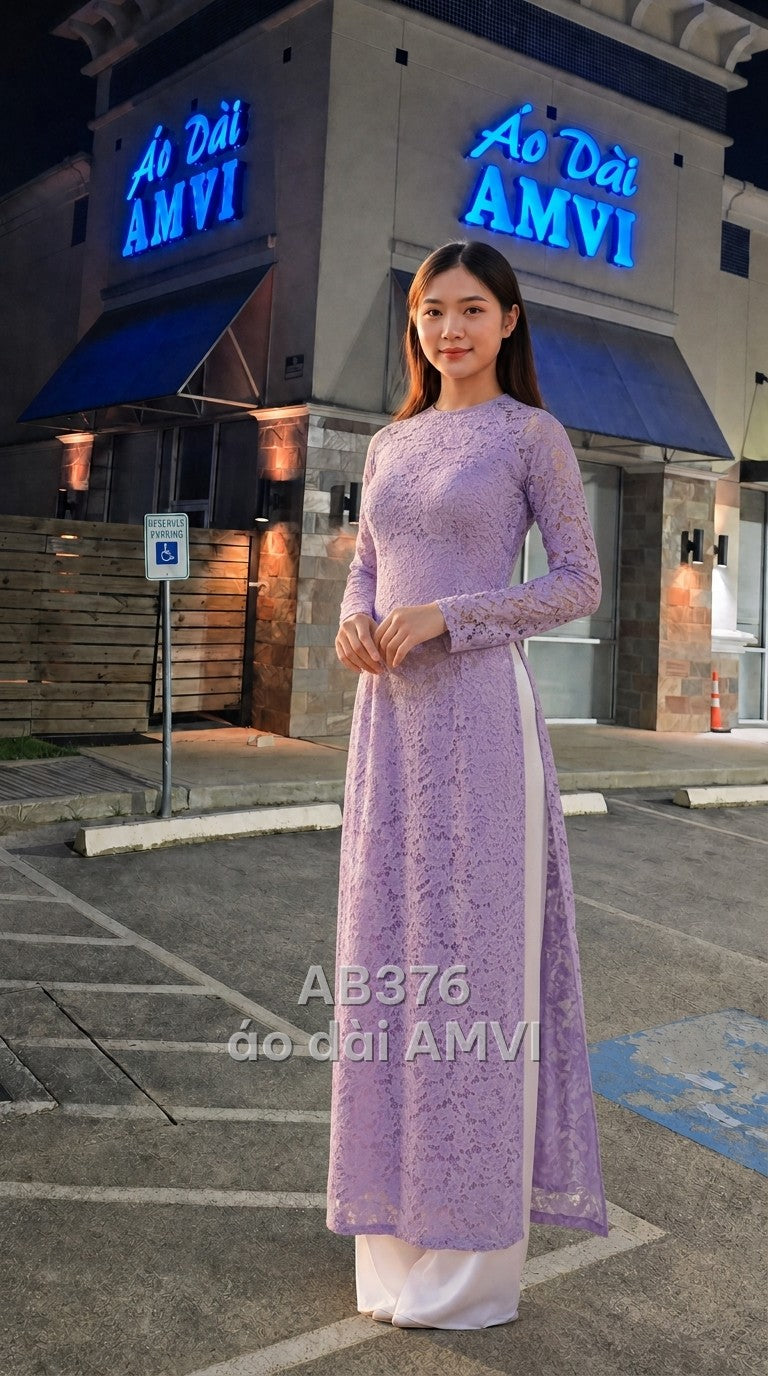 Áo dài ren hoa nổi tinh xảo màu trắng thanh lịch dự tiệc, mã AB376