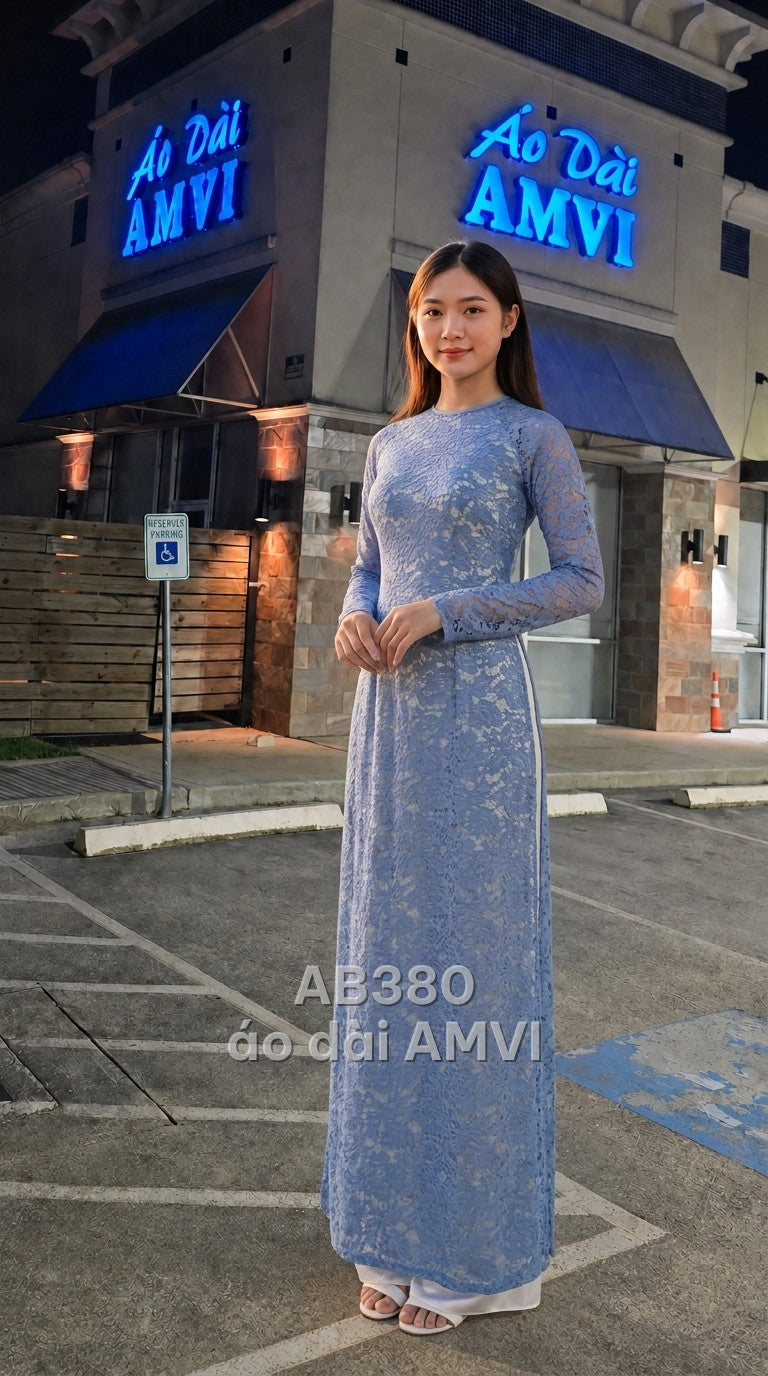 Áo dài ren xanh dương họa tiết hoa thanh lịch cổ tròn dự tiệc, mã AB380