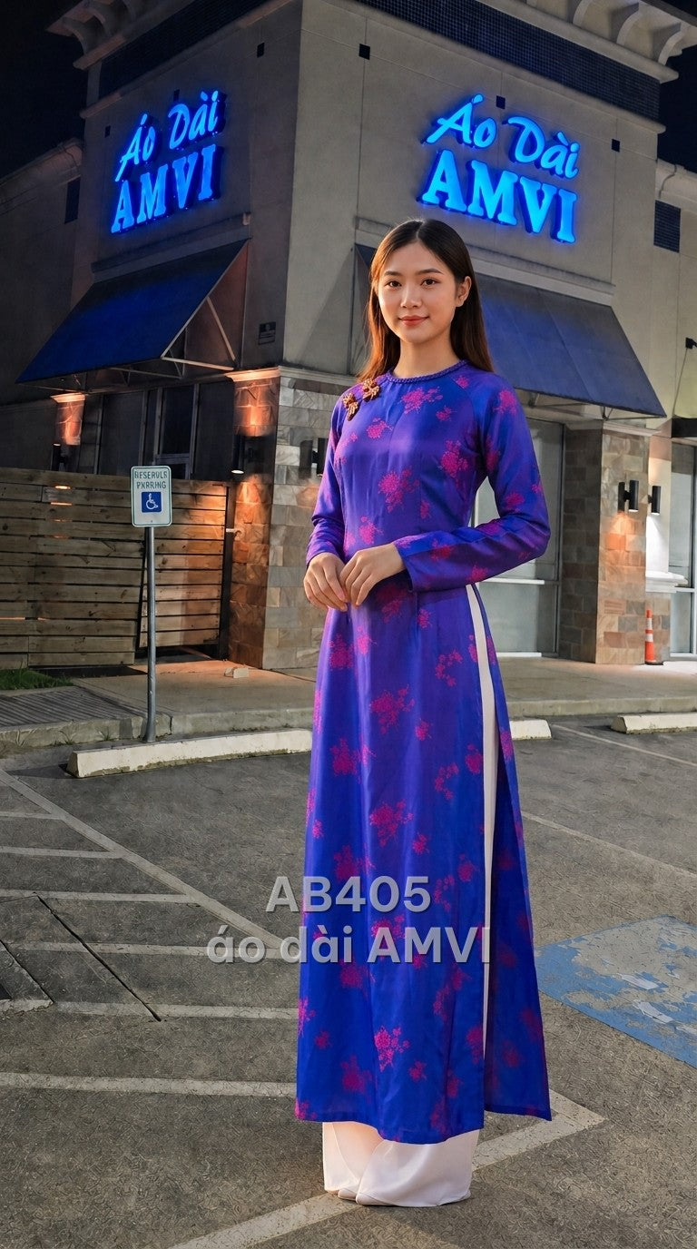 Áo dài lụa tím hoa hồng cổ điển thêu cúc vai dự tiệc, mã AB405