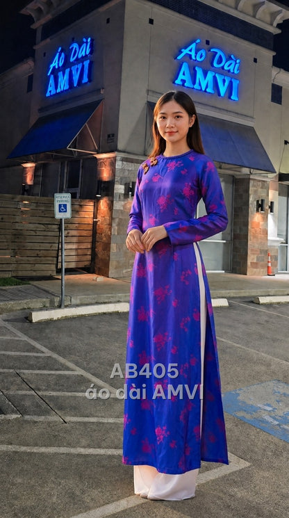 Áo dài lụa tím hoa hồng cổ điển thêu cúc vai dự tiệc, mã AB405
