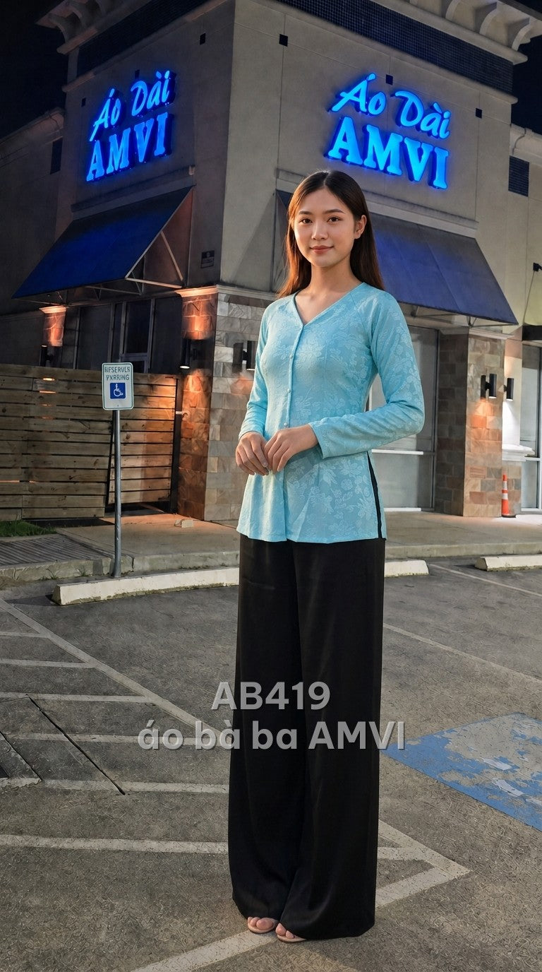 Áo dài xanh dương họa tiết chìm cổ V tay dài duyên dáng, mã AB419