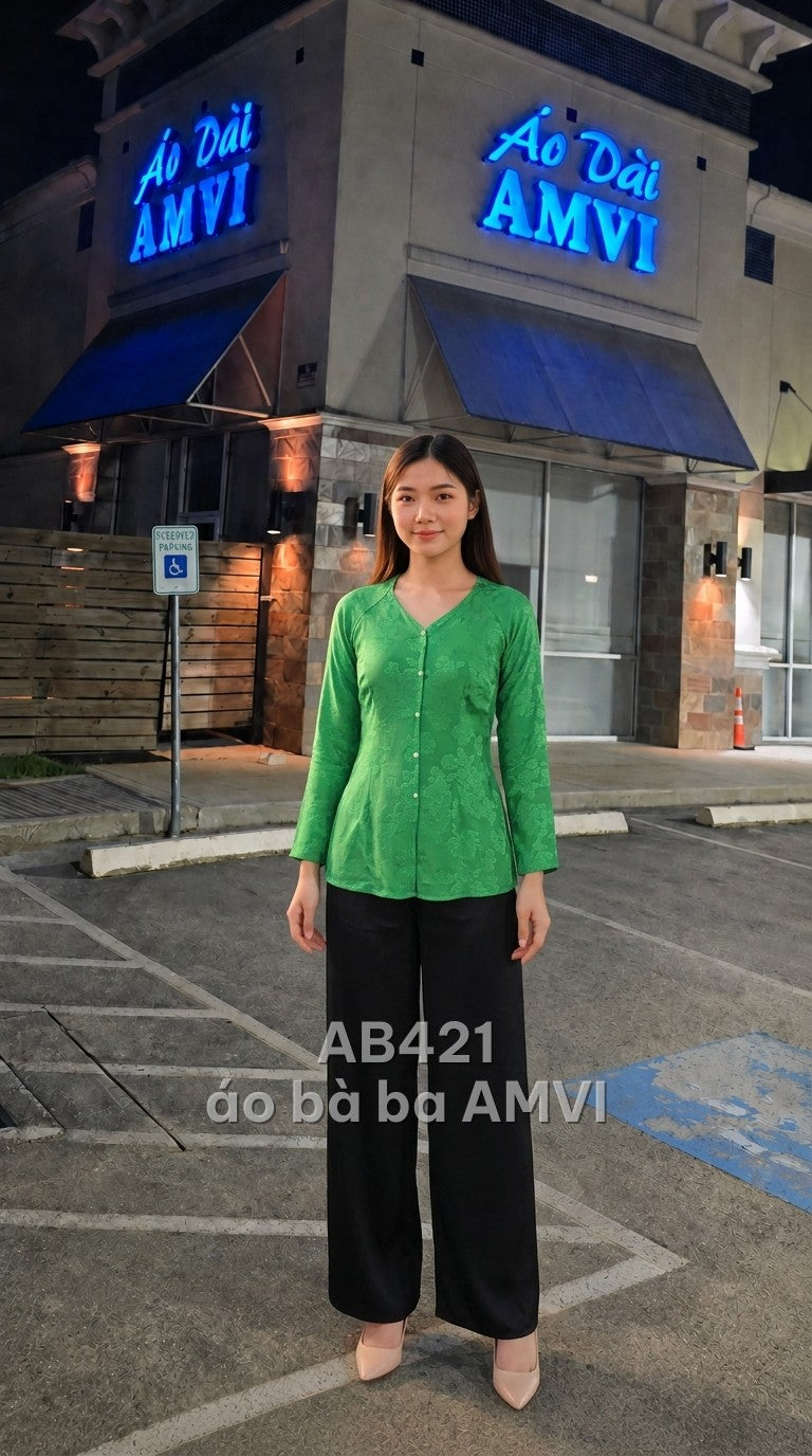 Áo dài ren xanh lá họa tiết hoa văn truyền thống, mã AB421