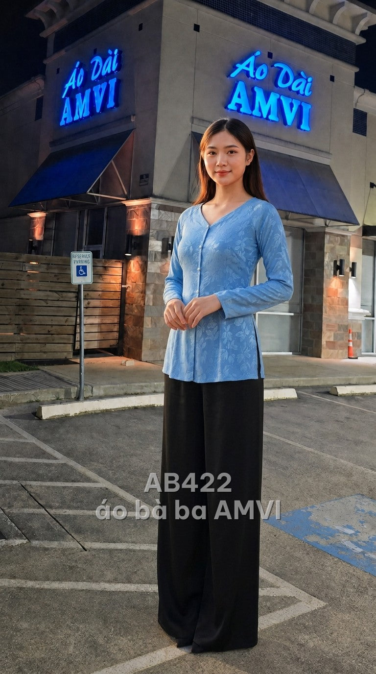 Áo dài xanh dương họa tiết hoa lá chìm cổ V thanh lịch, mã AB422