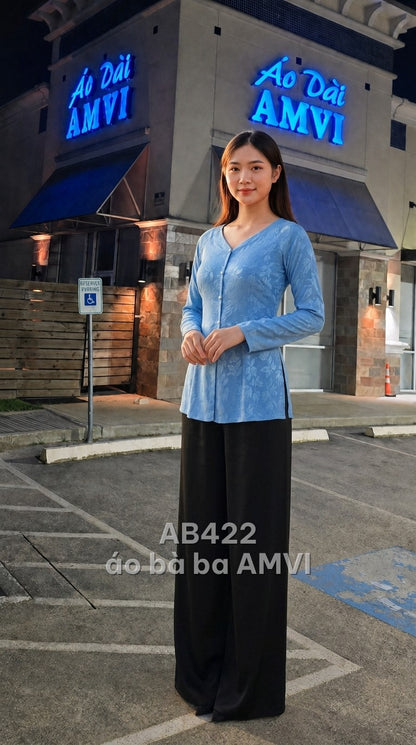 Áo dài xanh dương họa tiết hoa lá chìm cổ V thanh lịch, mã AB422