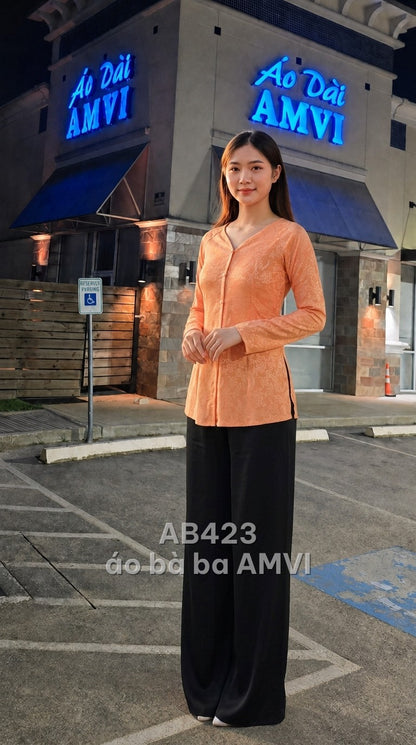 Áo bà ba ren cam cổ V tay dài hoa văn thanh lịch, mã AB423