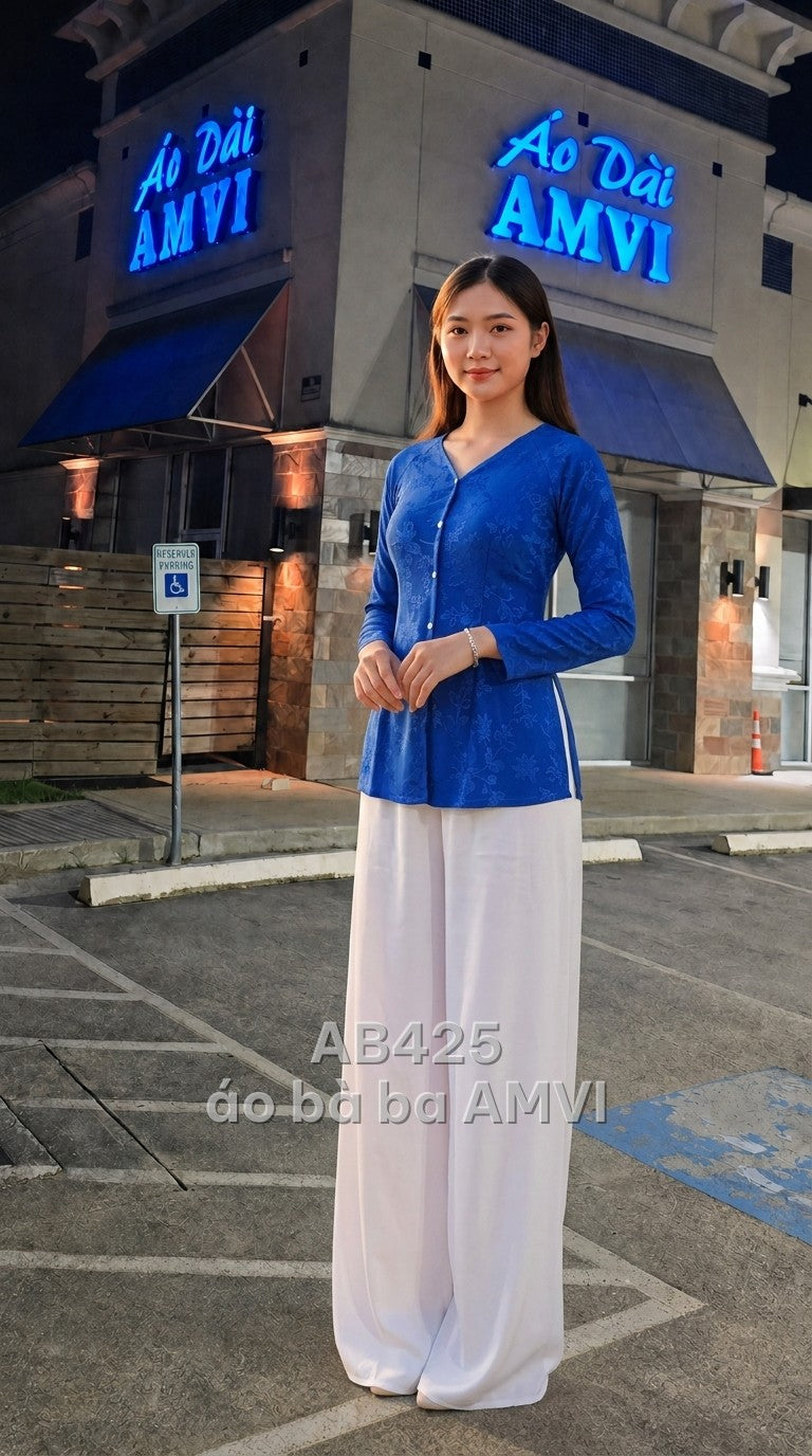 Áo dài màu xanh dương vải họa tiết chìm cổ V tay dài duyên dáng, mã AB425