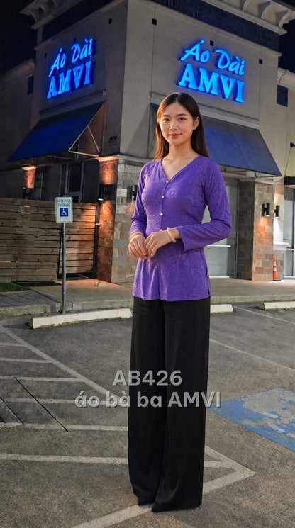 Áo dài vải dệt hoa văn tím cổ chữ V thanh lịch duyên dáng, mã AB426