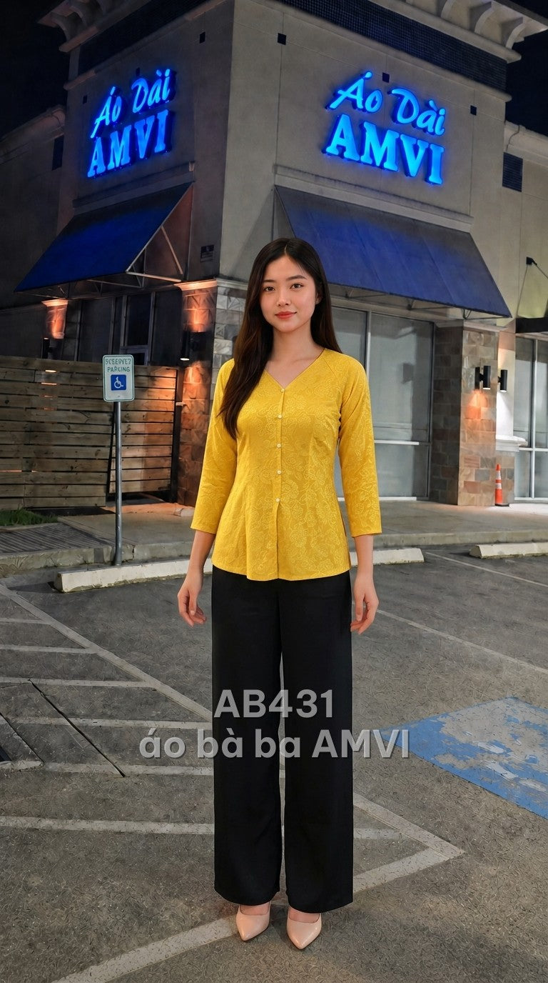 Áo dài vải hoa lá vàng nhu dáng ôm quý phái, mã AB431