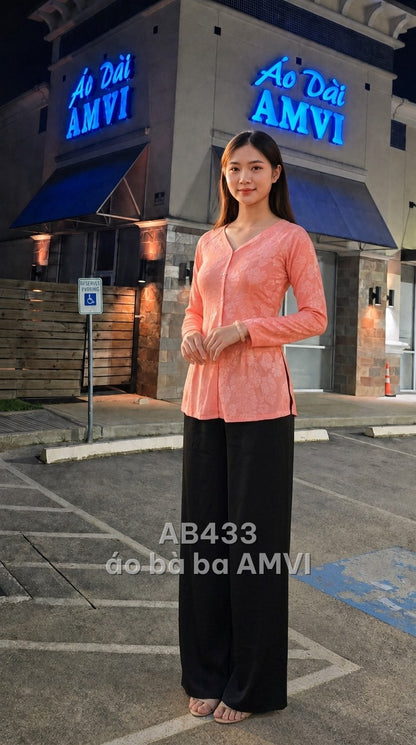 Áo dài vải hồng họa tiết chìm cổ V tay dài duyên dáng, mã AB433