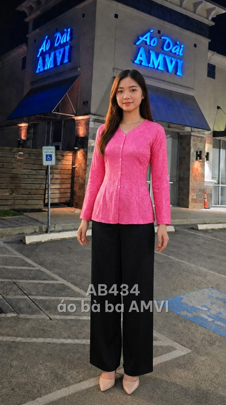 Áo dài hồng dập nổi hoa văn tay dài cổ trái tim, mã AB434