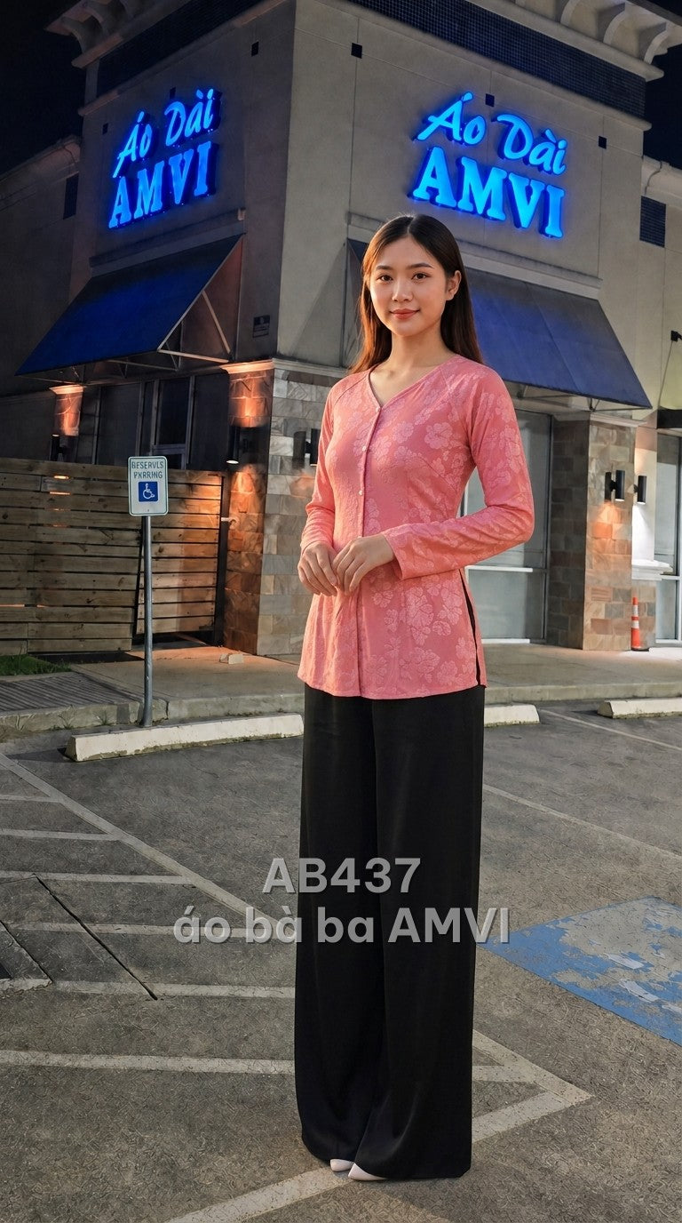 Áo bà ba hồng họa tiết chìm cổ V tay dài truyền thống duyên dáng, mã AB437