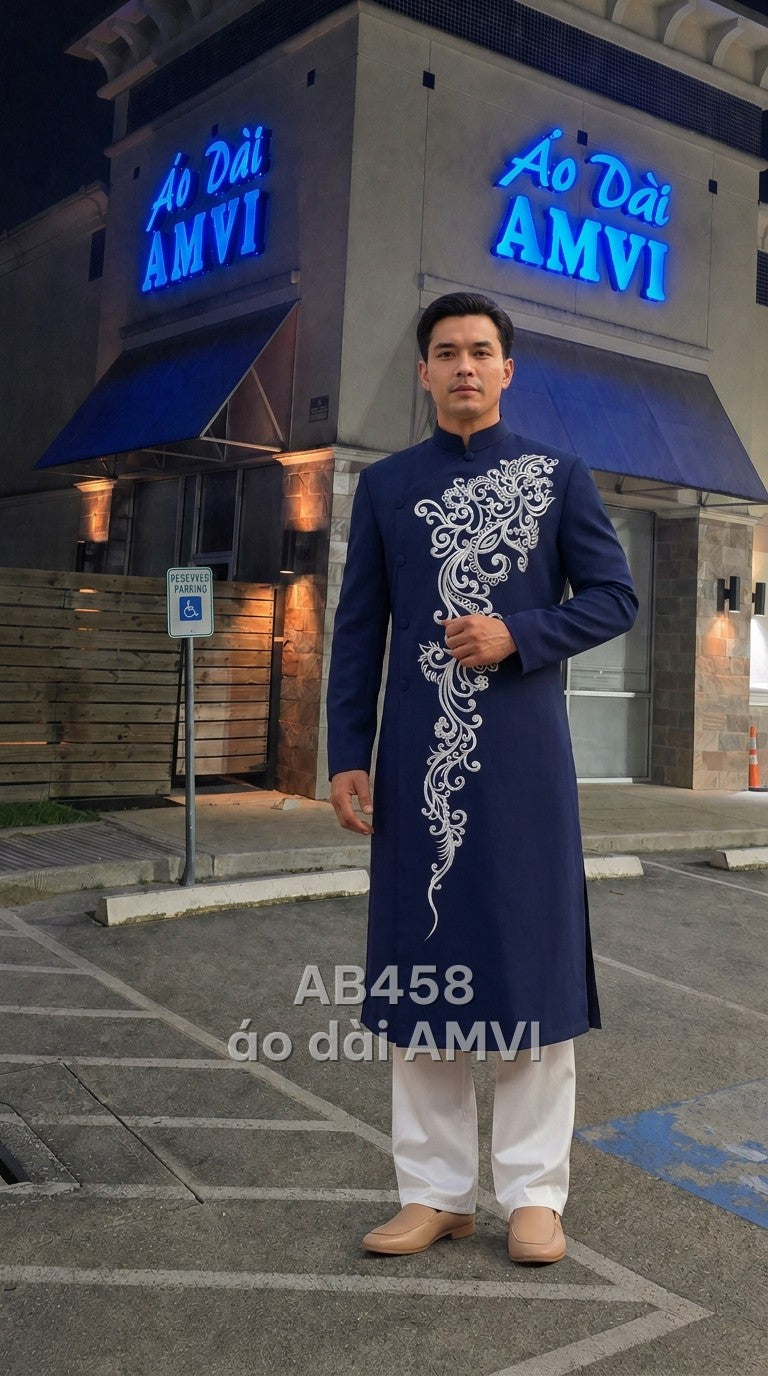 Áo dài nam lụa xanh thêu hoa văn tinh xảo dáng truyền thống dự tiệc, mã AB458