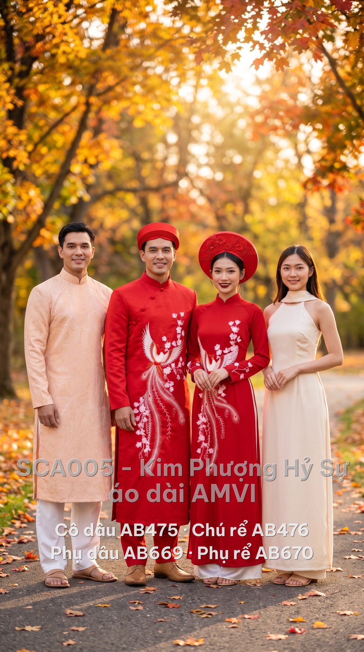 Trọn bộ áo dài cưới cô dâu, chú rể, phụ dâu, phụ rể — cô dâu mặc mã AB475