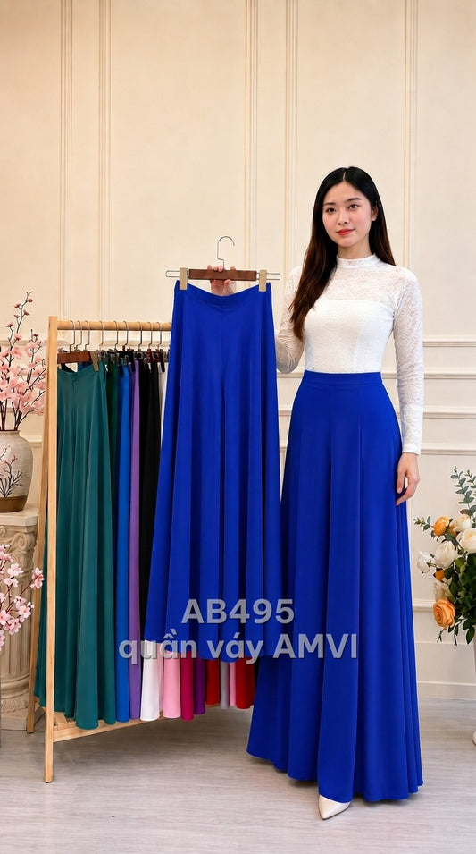 Quần váy mặc với áo dài vải mềm xanh cô ban dáng xòe rộng thanh lịch cạp cao, mã AB495