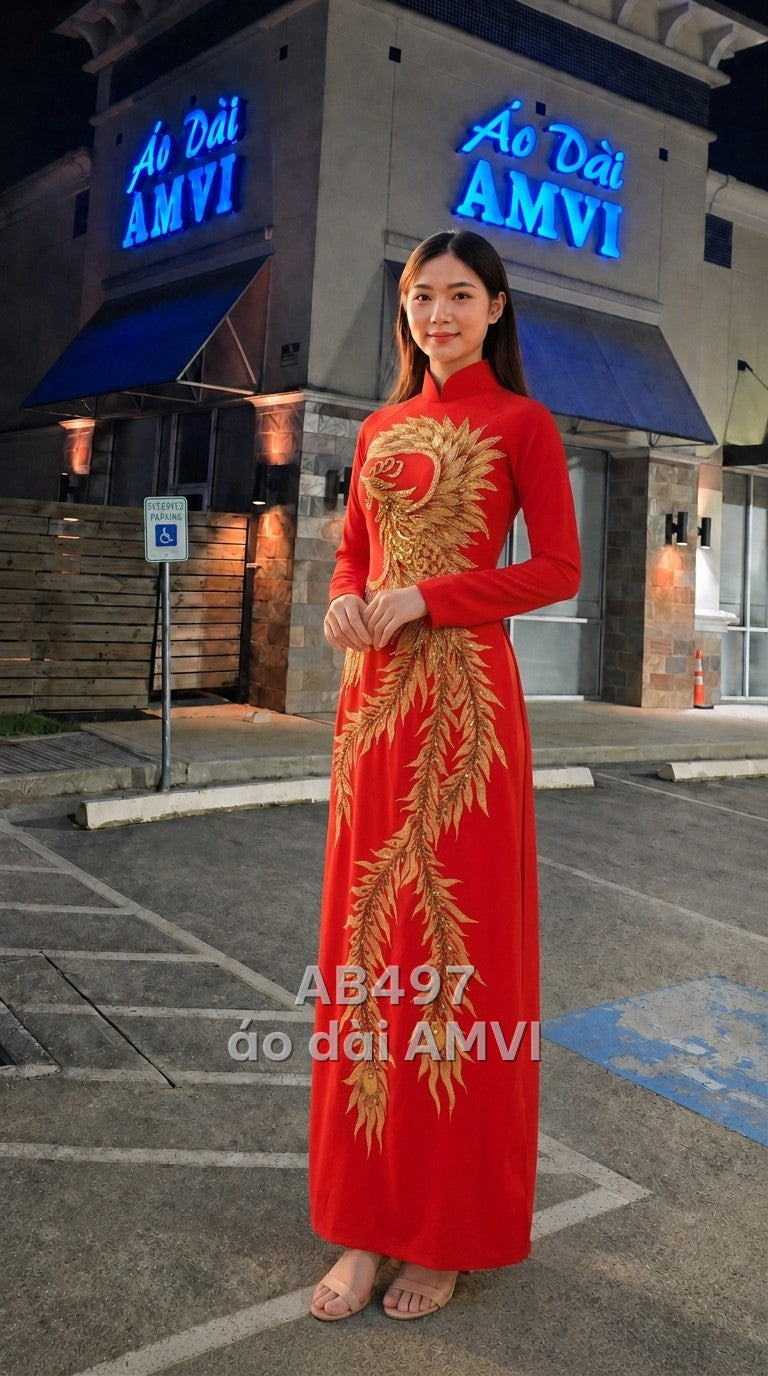 Áo dài gấm đỏ thêu phượng hoàng kim sa sang trọng dự tiệc, mã AB497