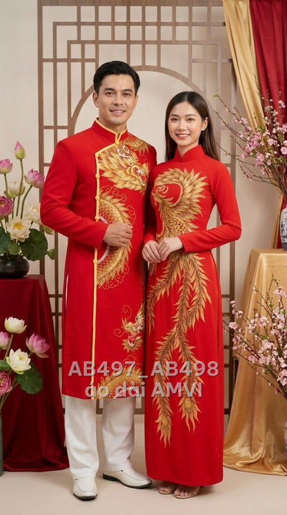 Áo dài lụa đỏ thêu rồng vàng sang trọng dự tiệc, ảnh chụp cặp đôi, mã AB498