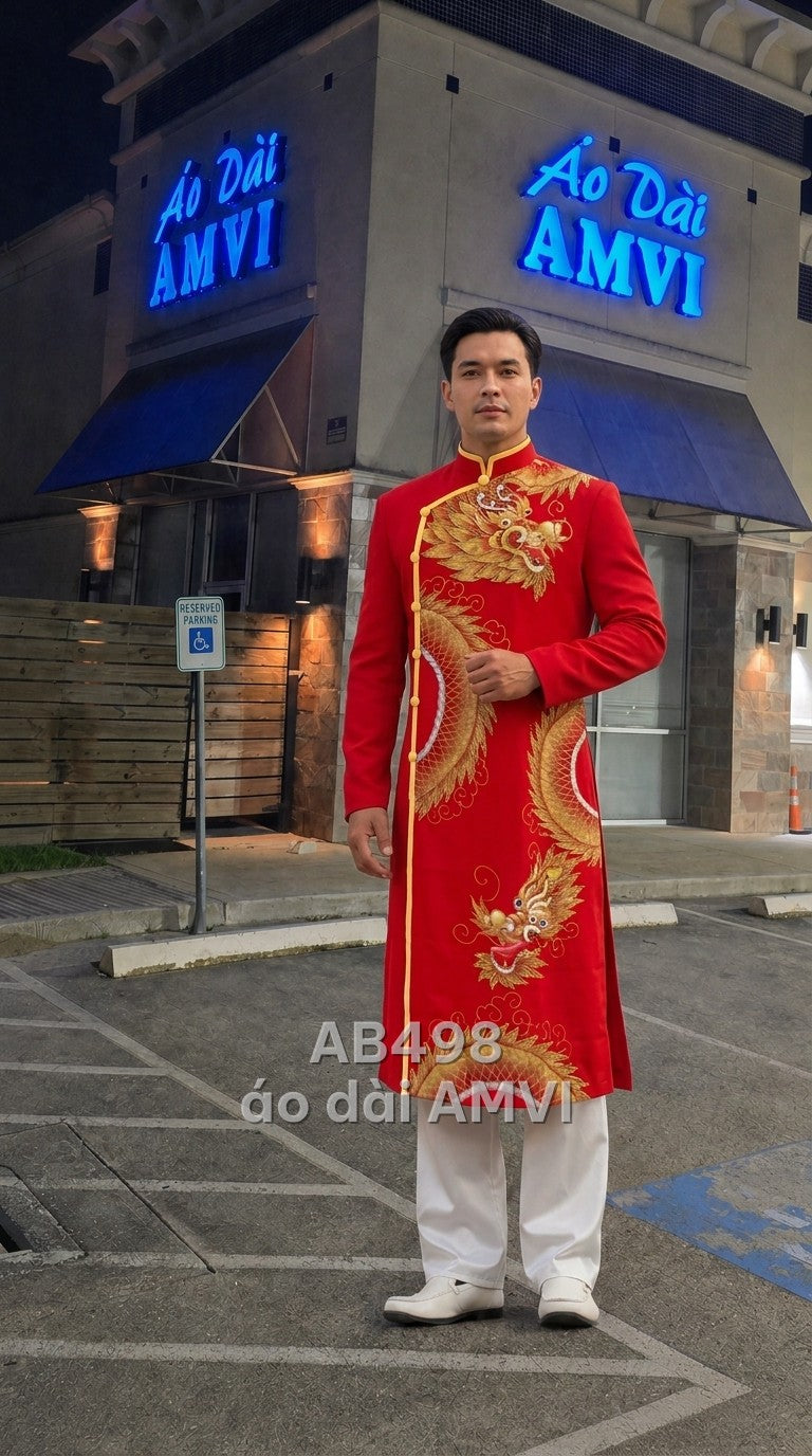 Áo dài lụa đỏ thêu rồng vàng sang trọng dự tiệc, mã AB498