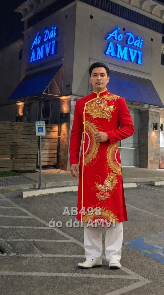 Áo dài lụa đỏ thêu rồng vàng sang trọng dự tiệc, mã AB498