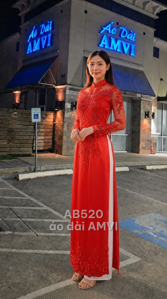 Áo dài cưới voan ren đỏ đính kết hoa văn lấp lánh sang trọng, mã AB520