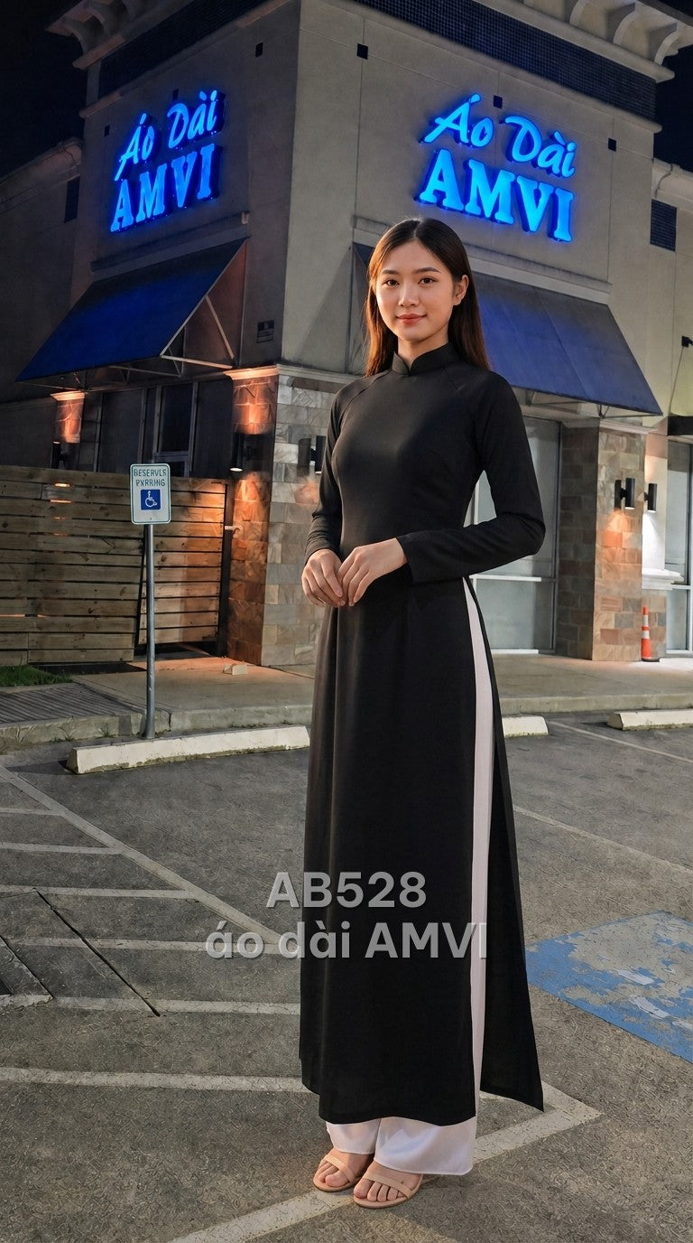 Áo dài vải đen trơn thanh lịch cổ tàu truyền thống, mã AB528