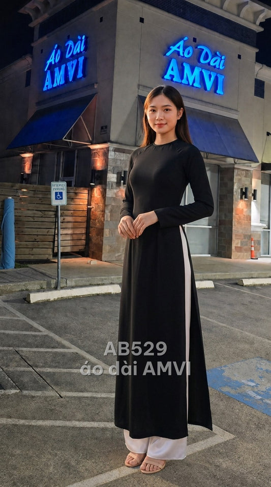 Áo dài lụa đen trơn cổ tròn tối giản thanh lịch hiện đại, mã AB529
